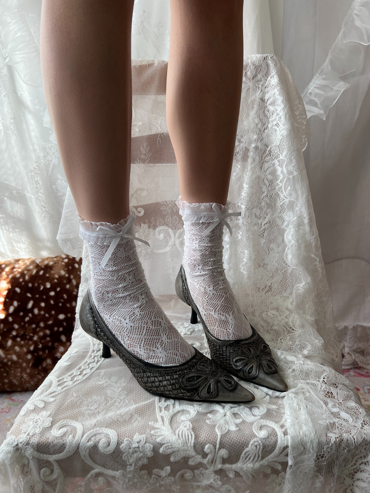 Grey snake skin kitten heels with flower detail