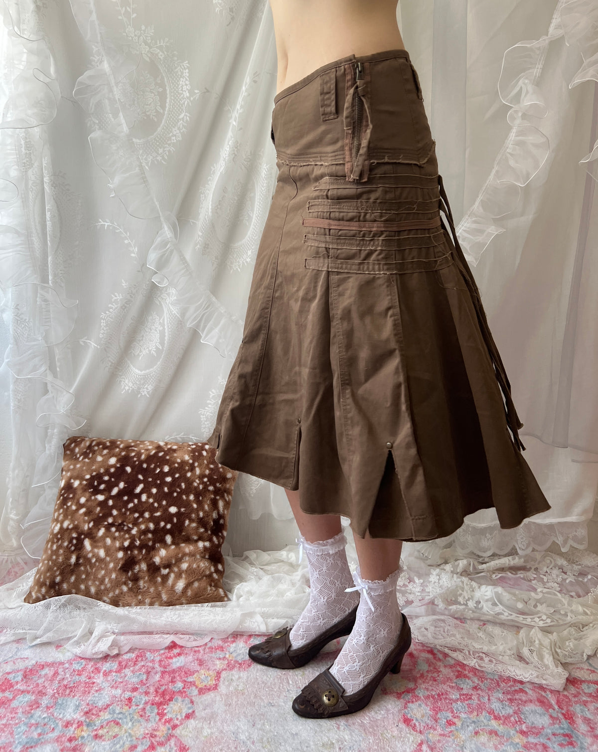 Alcott brown cargo asymmetrical skirt with ruffles