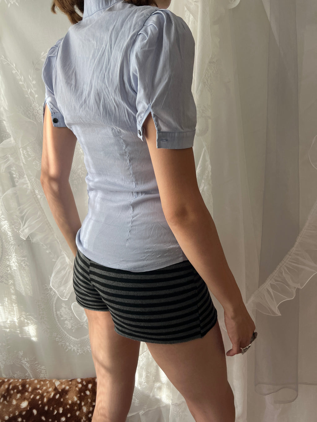 Vintage blue button up top with ruched detailing