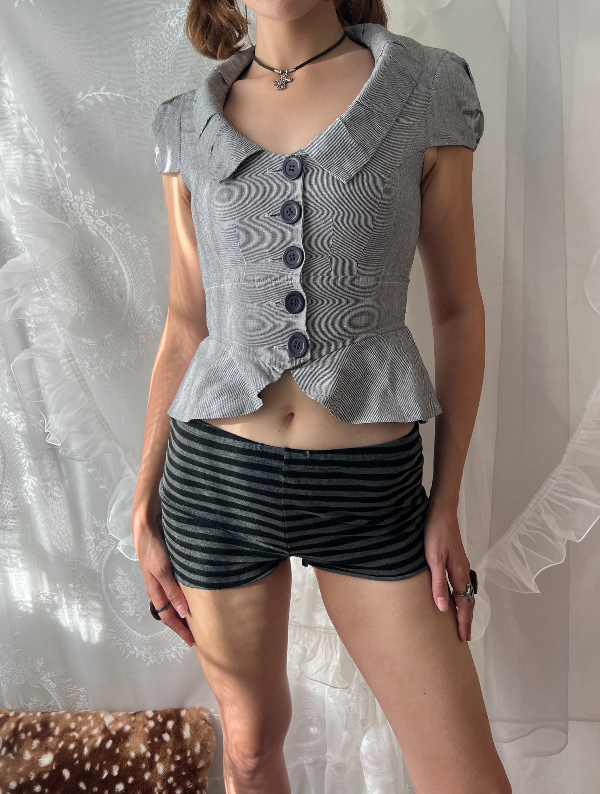 Y2K grey button up blazer jacket with ruffle details