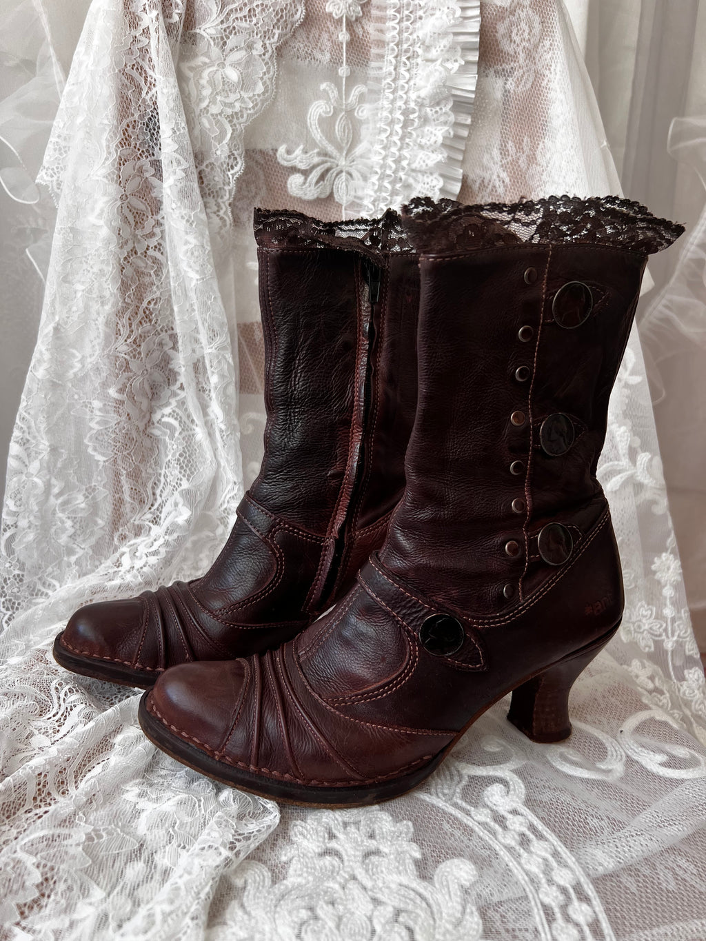 Brown Art leather lace up boots with a gothic vibe