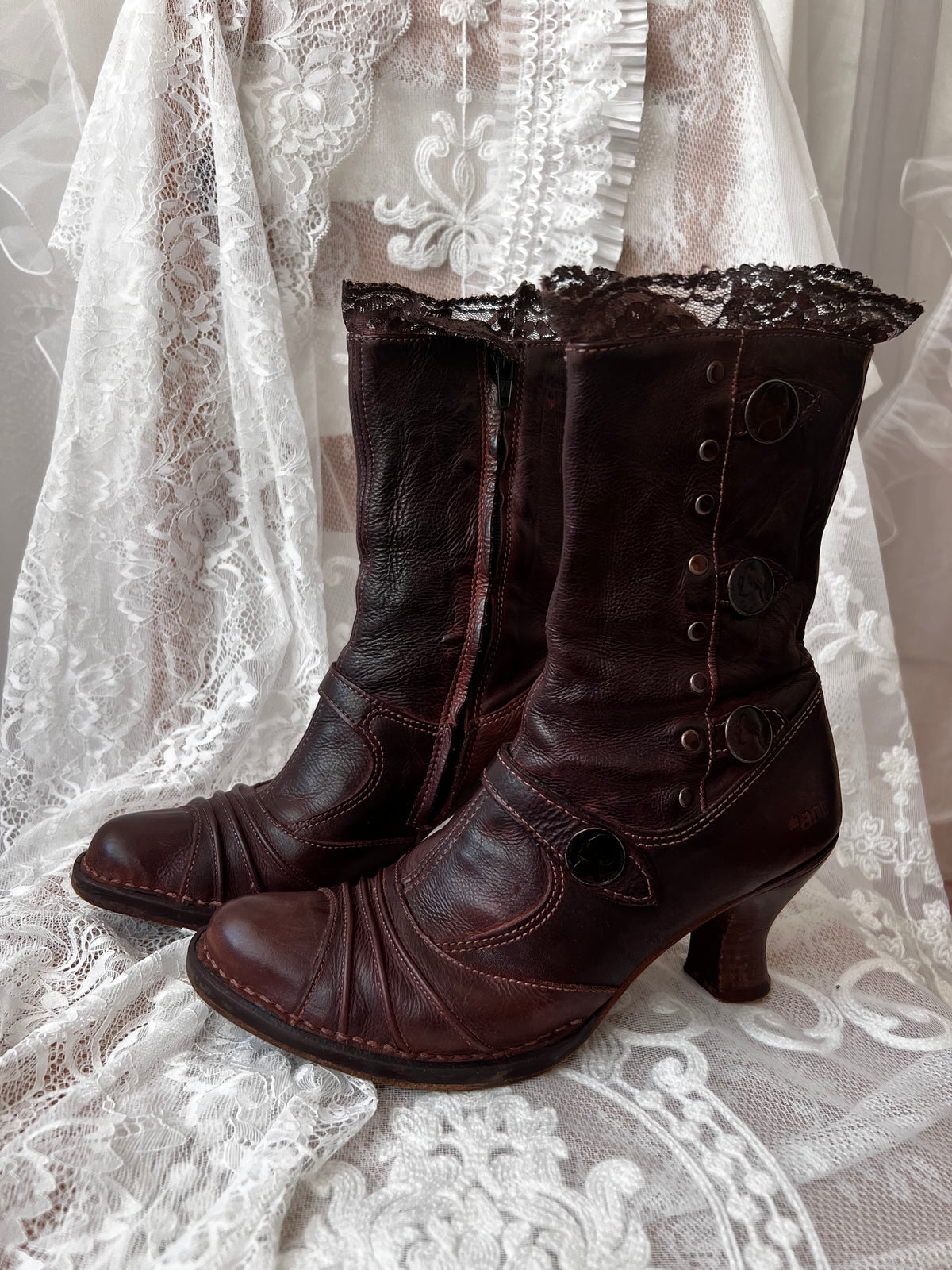 Brown Art leather lace up boots with a gothic vibe