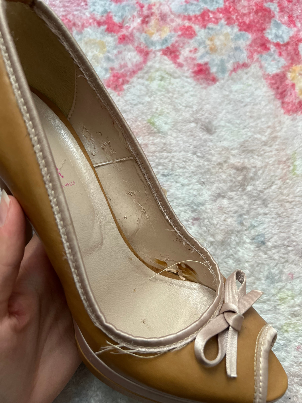 Tan peep toe heels with bow
