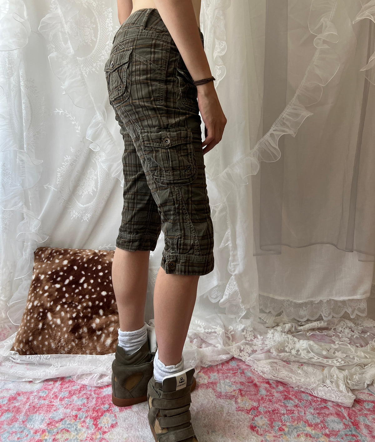 Green khaki plaid cargo capris