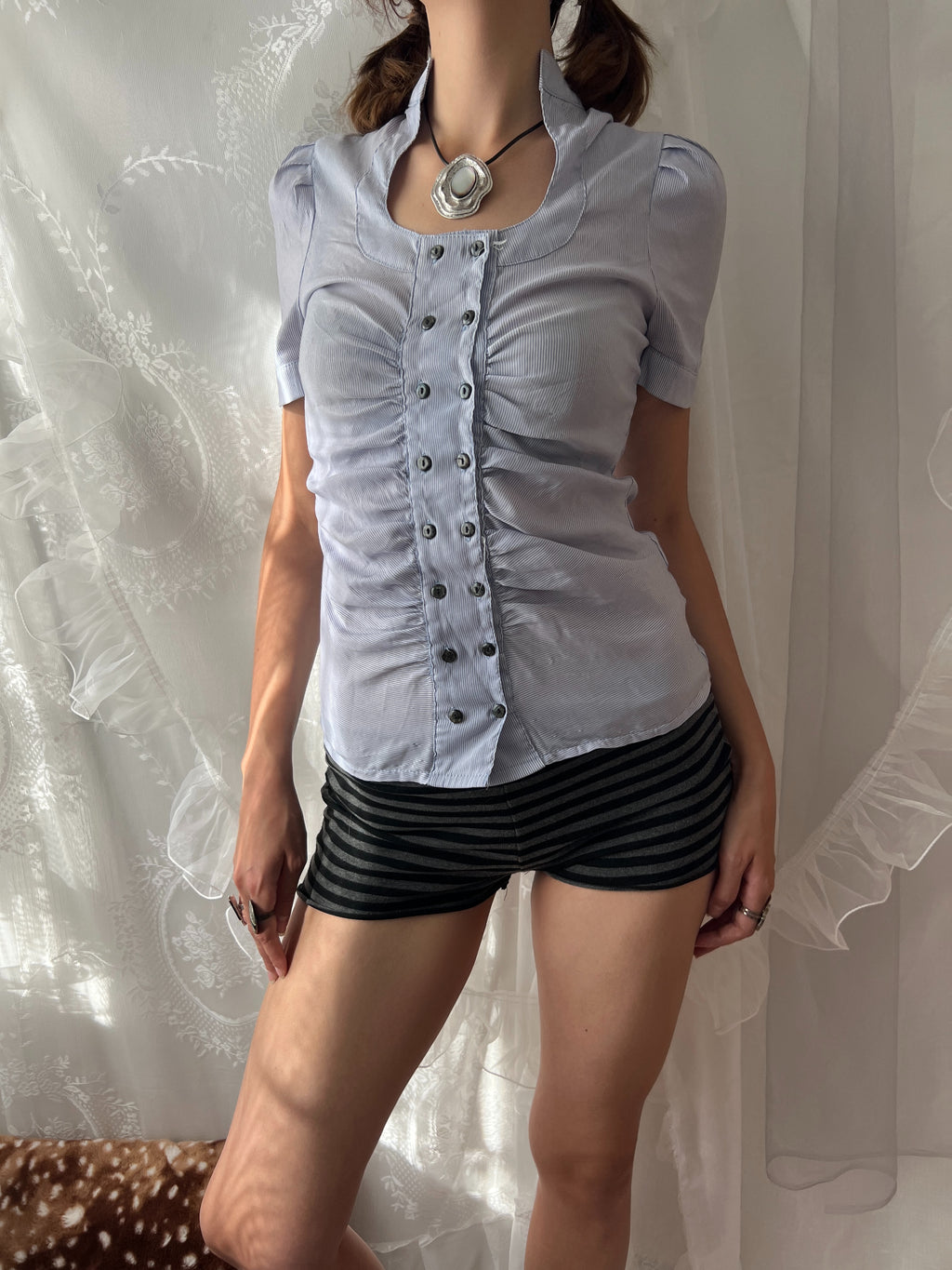 Vintage blue button up top with ruched detailing