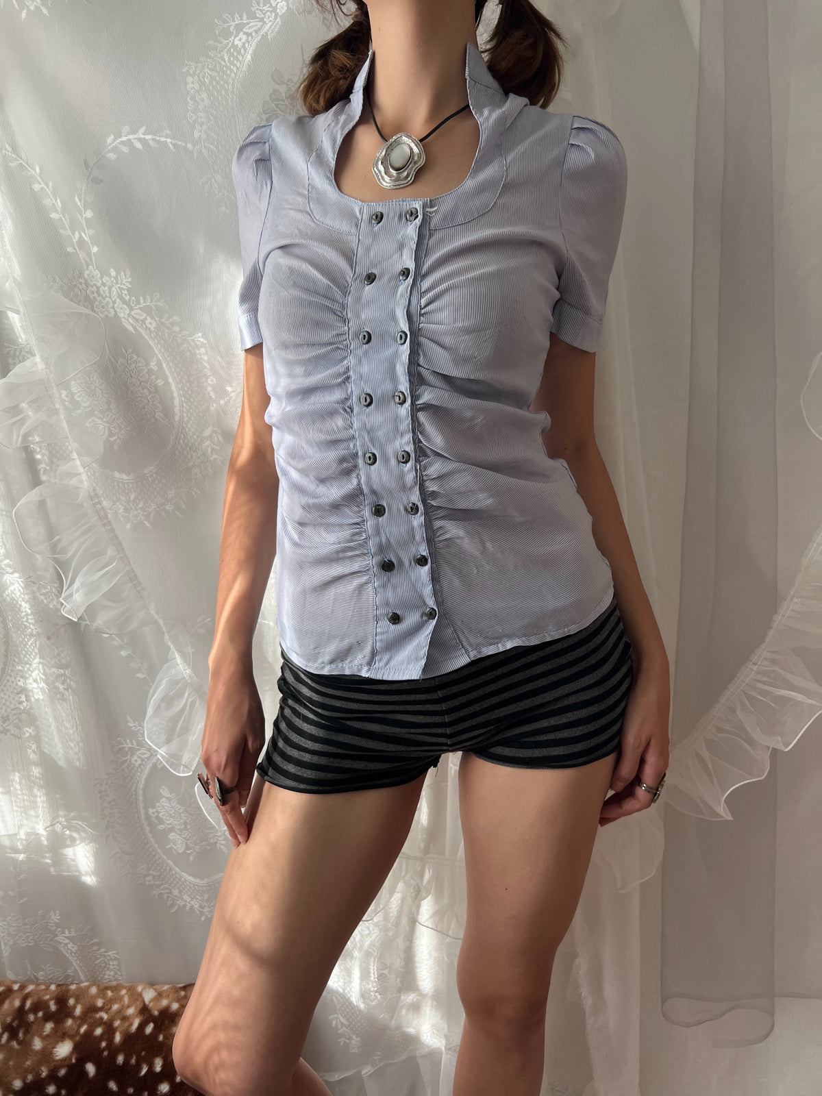 Vintage blue button up top with ruched detailing