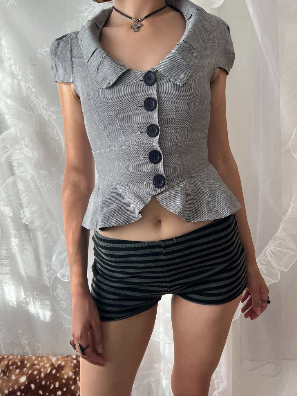 Y2K grey button up blazer jacket with ruffle details