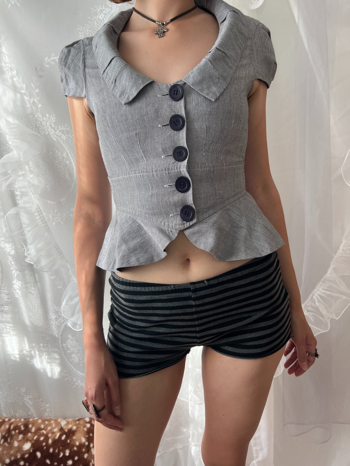 Y2K grey button up blazer jacket with ruffle details