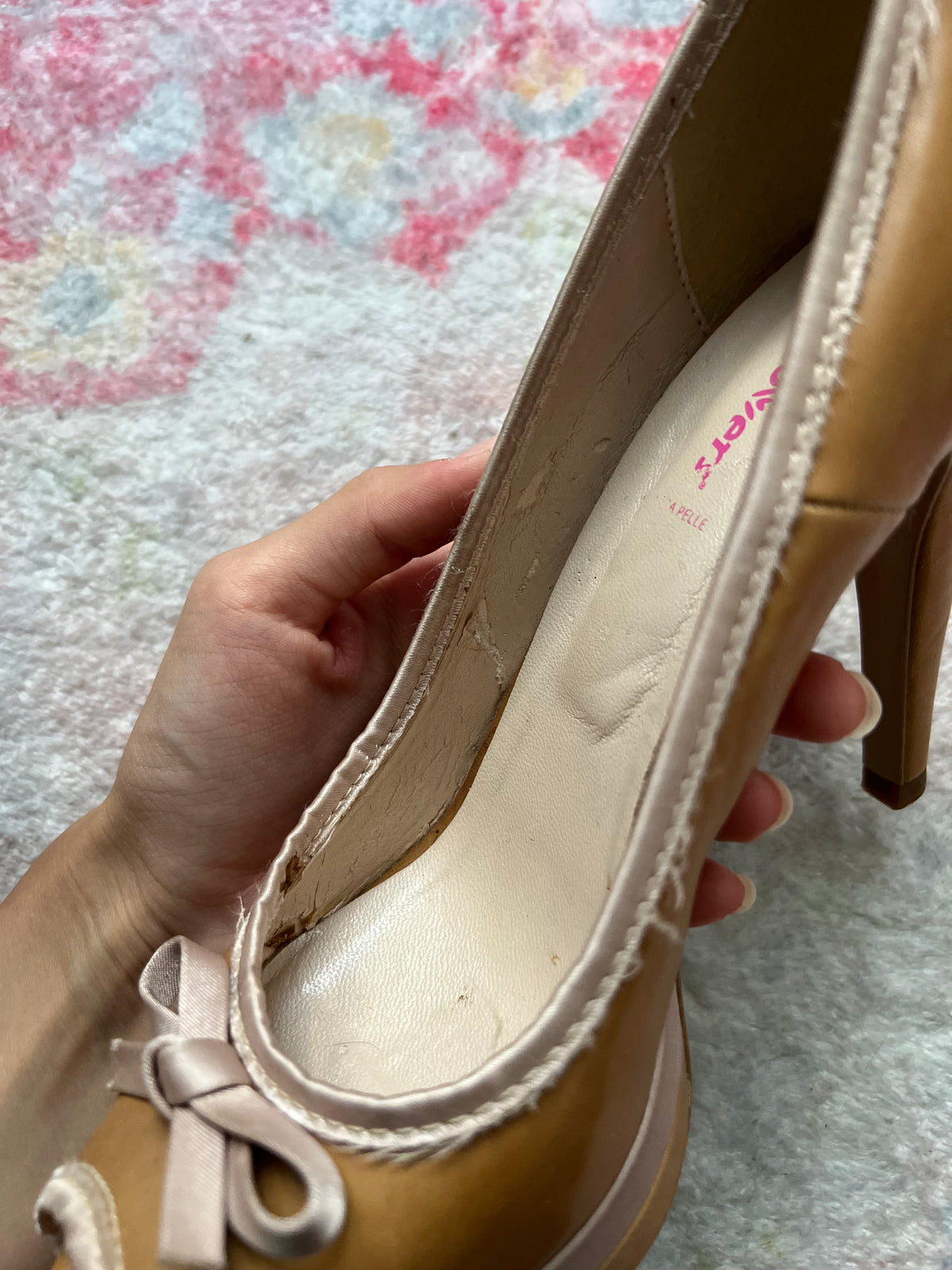 Tan peep toe heels with bow