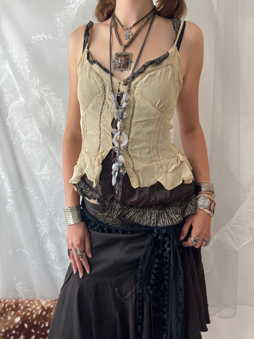 Cream & brown layered asymmetrical corset top with ruffles and lace details