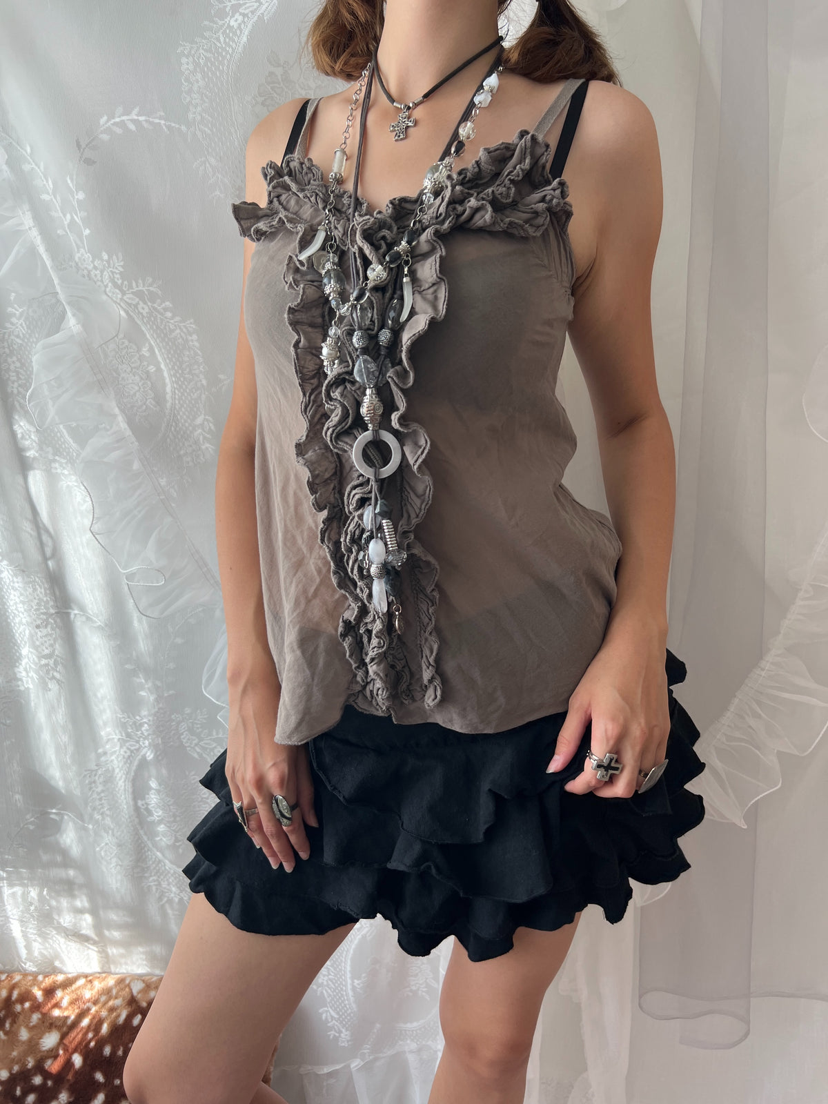 Brown ruffled tank top with adjustable straps