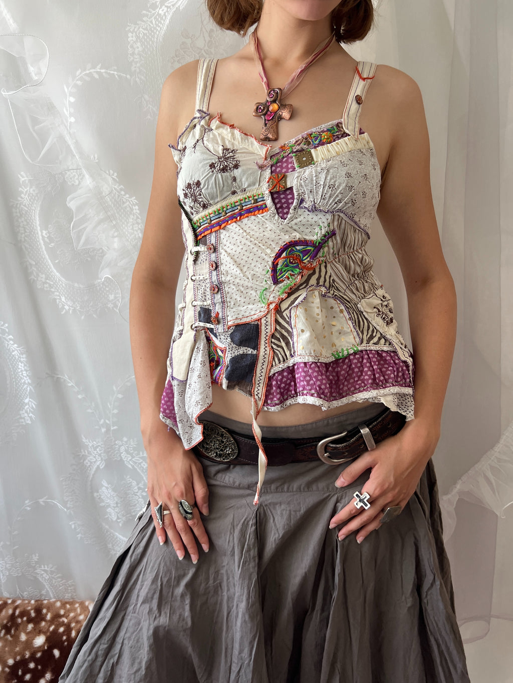 Fairy core patchwork asymmetrical tank top with ruffles and tie up detail