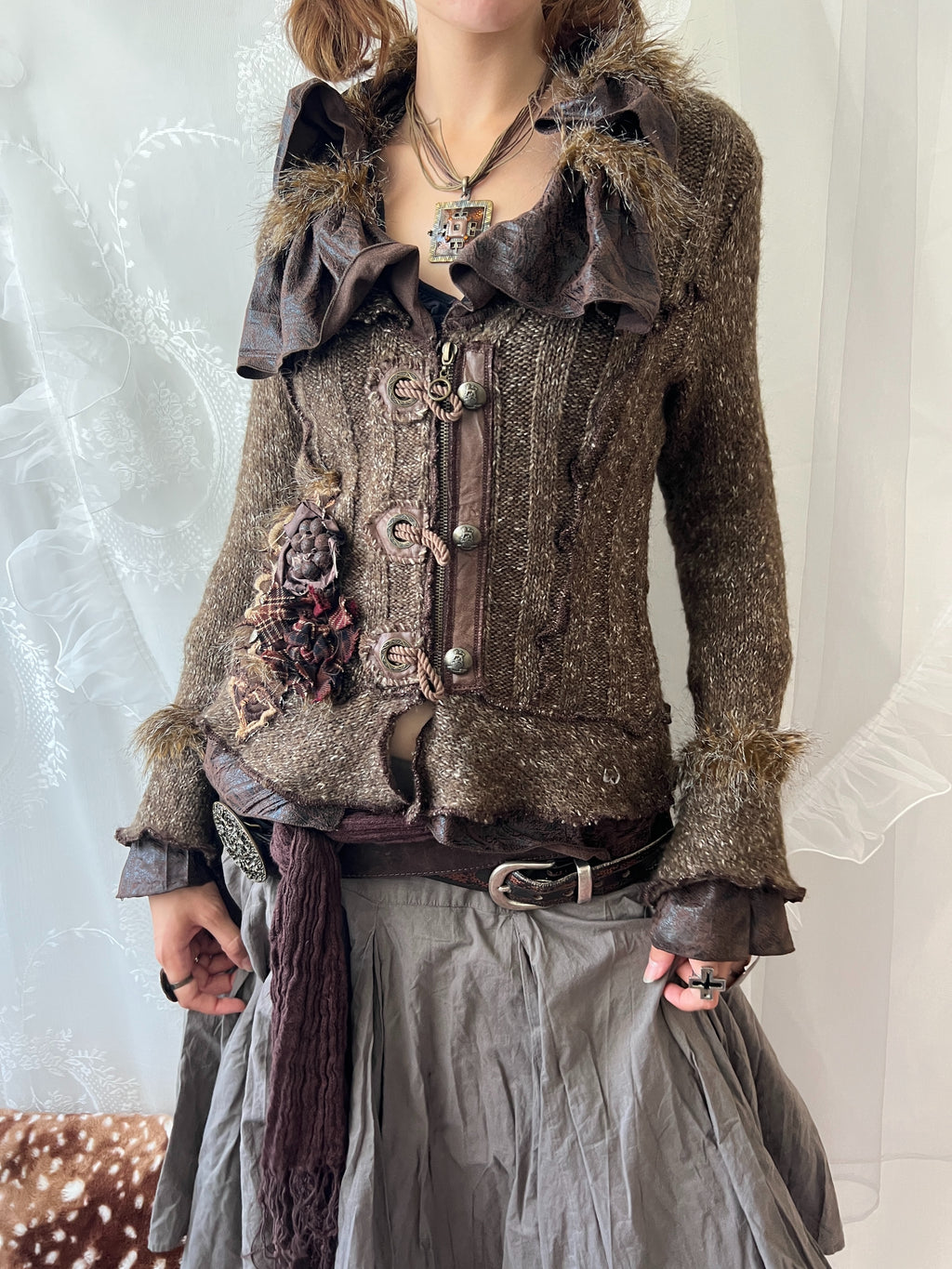 Vintage brown faux fur patchwork knit jacket