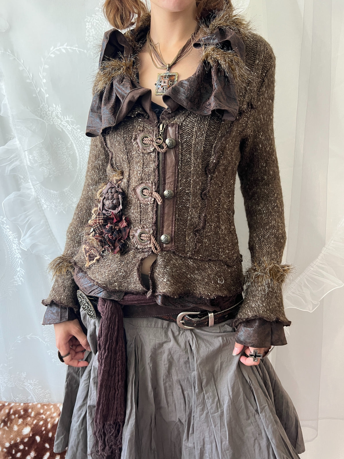 Vintage brown faux fur patchwork knit jacket