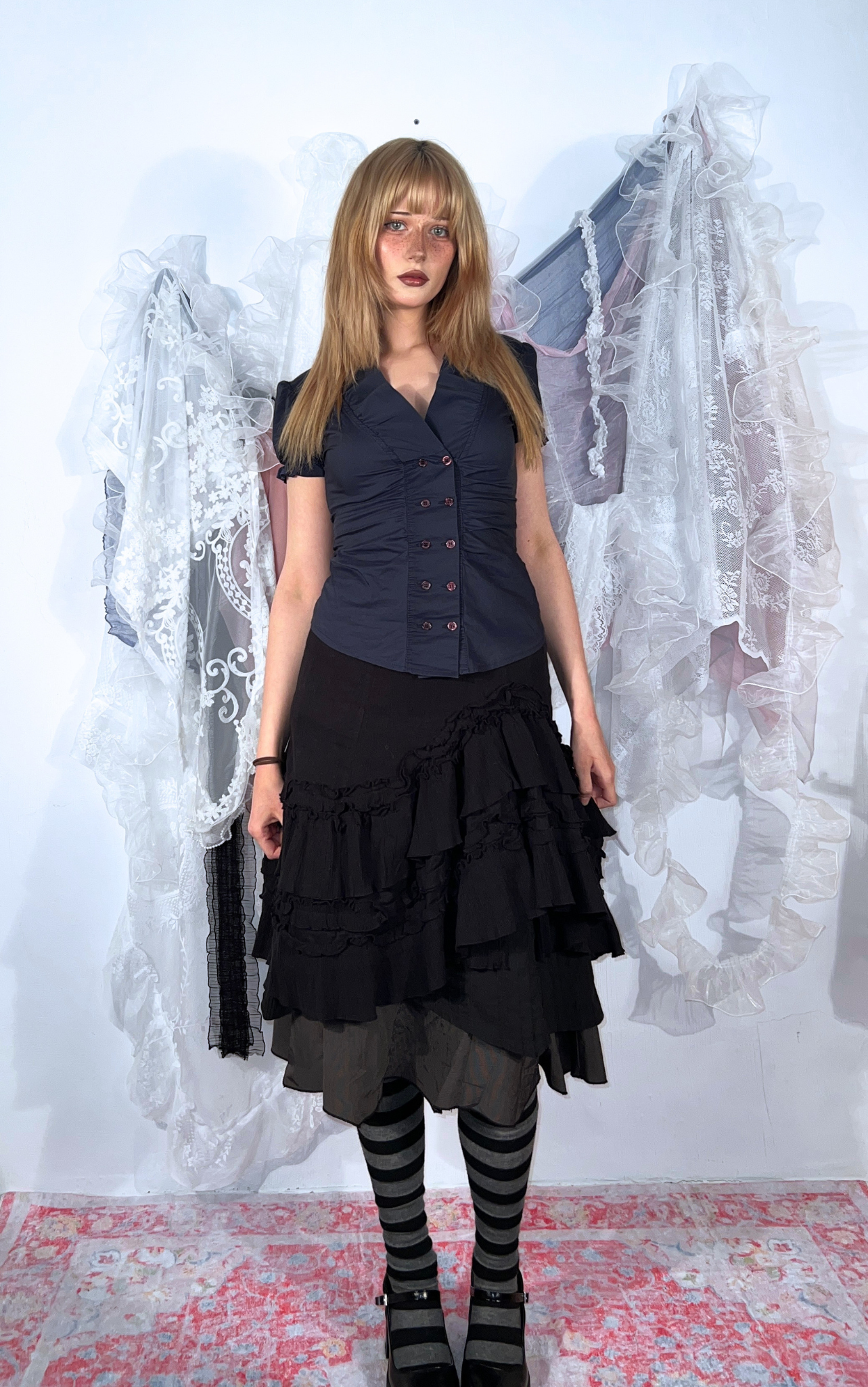 NAVY BLUE PUFF-SLEEVE BUTTON-UP BLOUSE