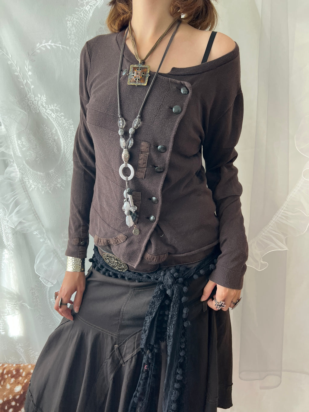 Brown off the shoulder/asymmetrical long sleeve top with button details