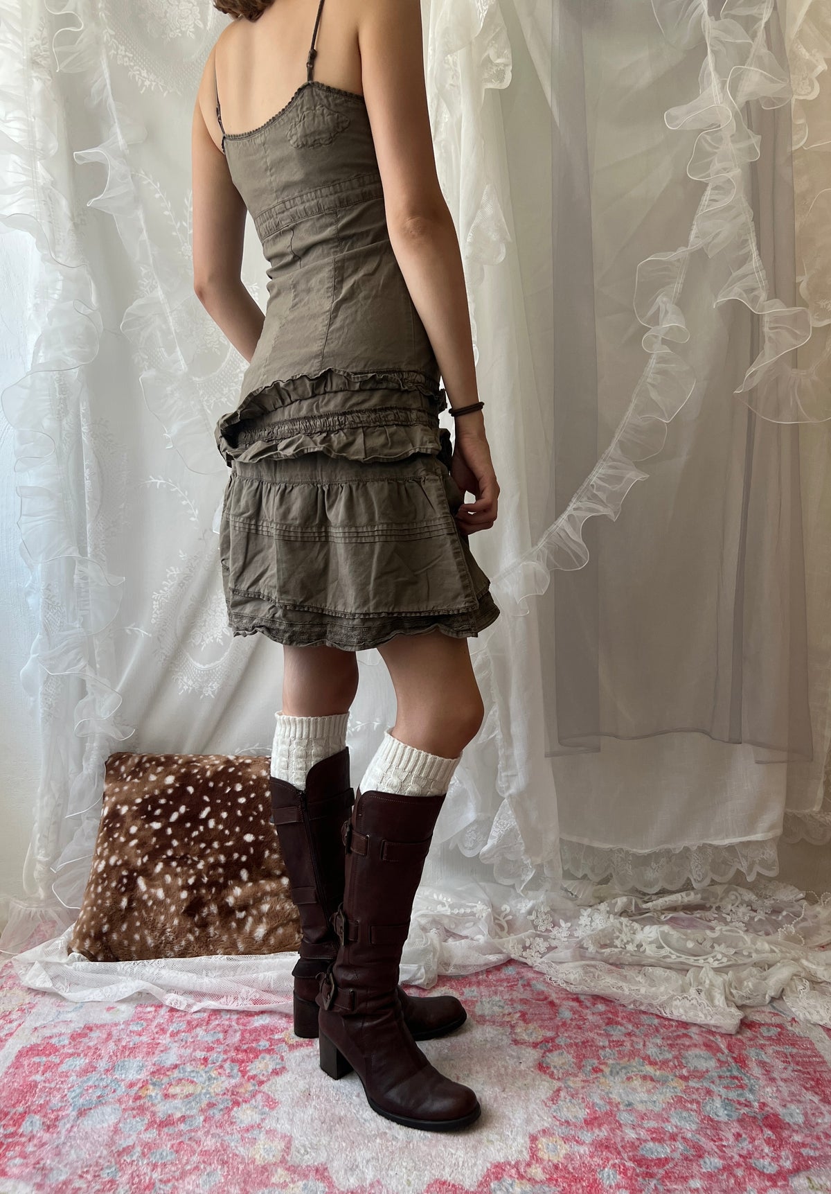 Khaki green mini dress with ruffles