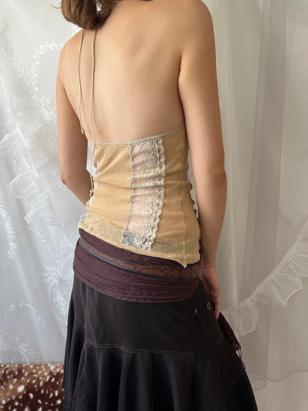 Y2K cream lace cami halter top with floral embroidery and beaded straps