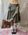 Y2K green asymmetrical striped layered ruffle midi skirt with tie waist