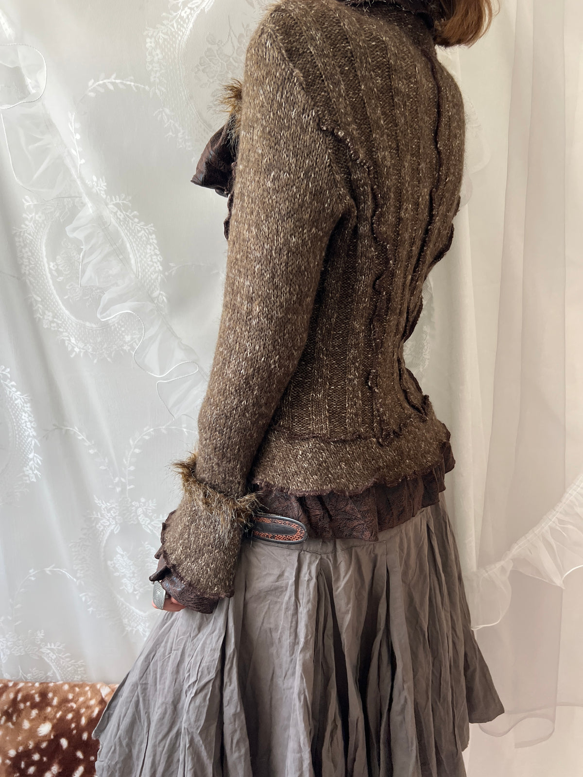 Vintage brown faux fur patchwork knit jacket