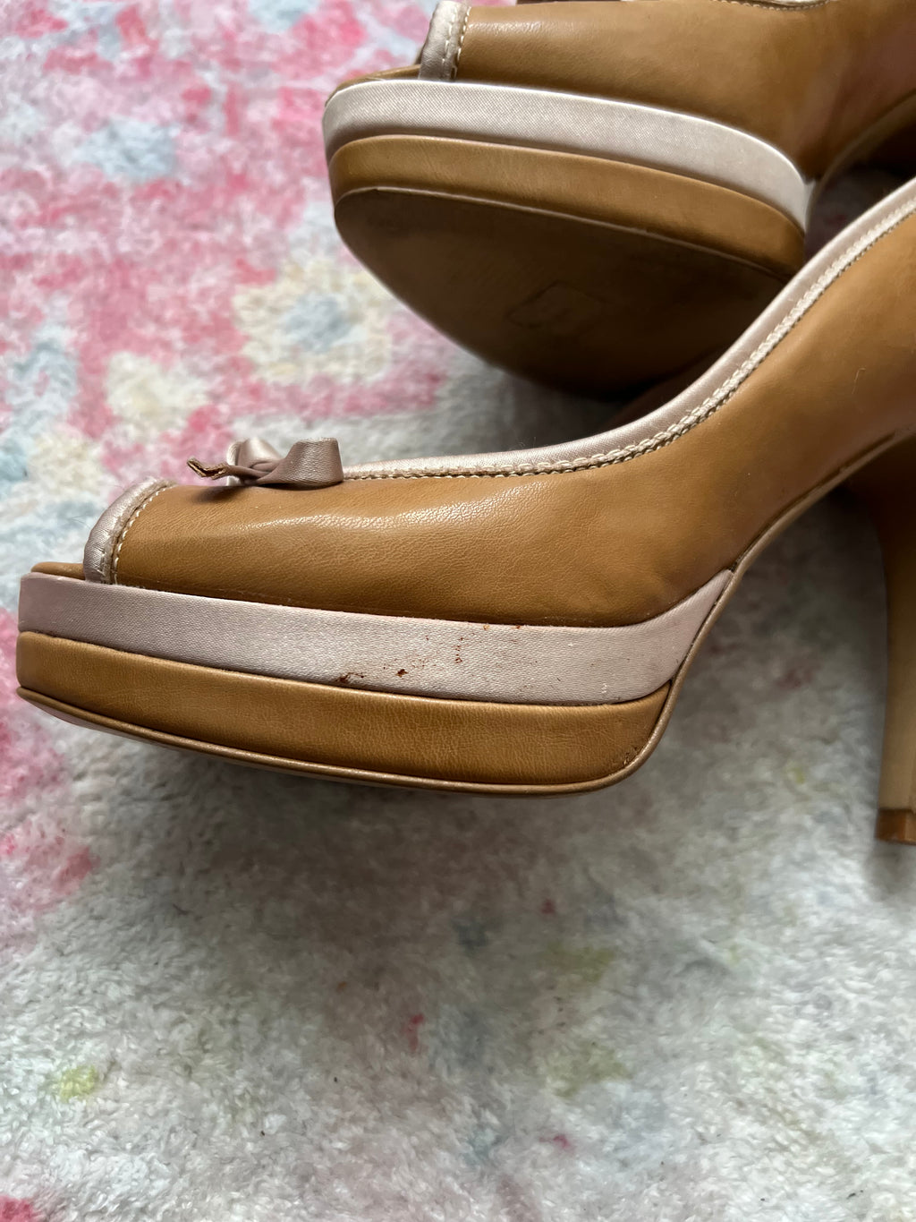 Tan peep toe heels with bow