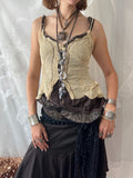 Cream & brown layered asymmetrical corset top with ruffles and lace details