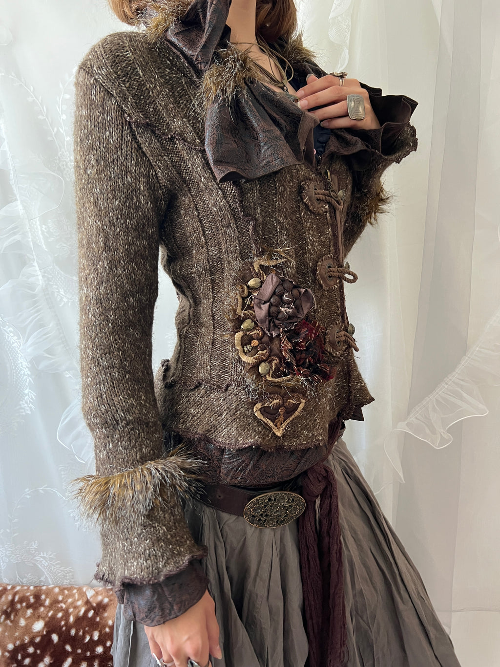 Vintage brown faux fur patchwork knit jacket