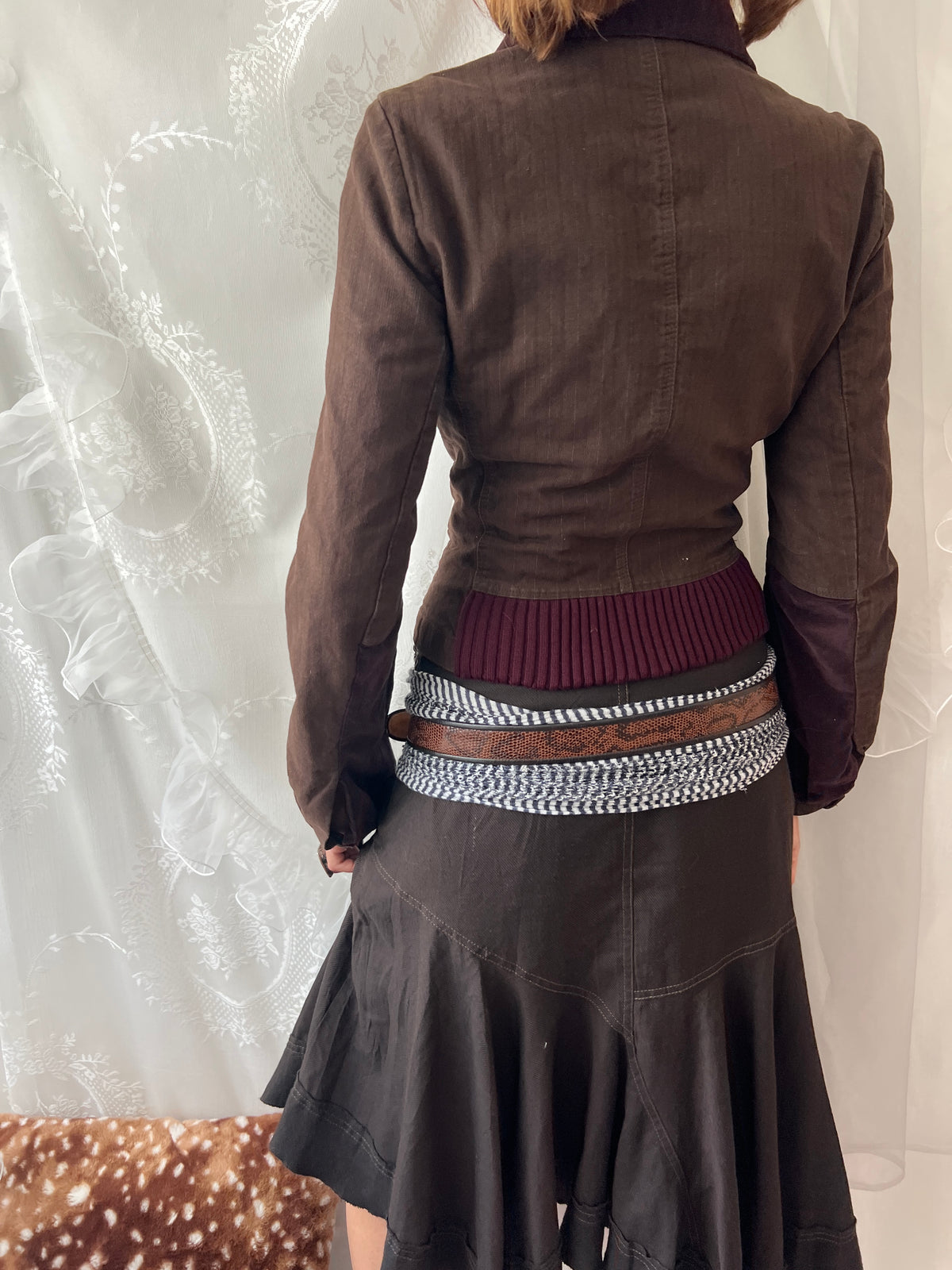 Brown double buttoned asymmetrical avant garde jacket