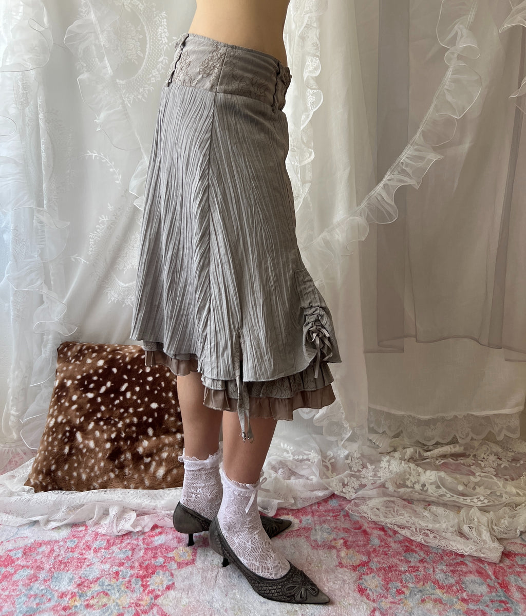 Brown & grey pleated midi skirt with lace trim and ruffles