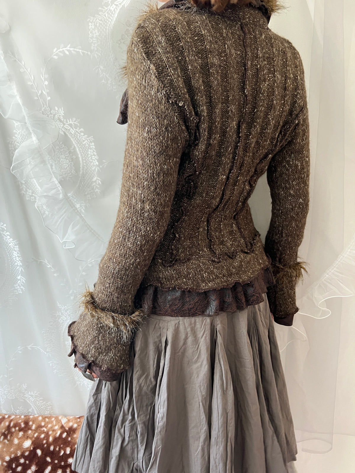 Vintage brown faux fur patchwork knit jacket