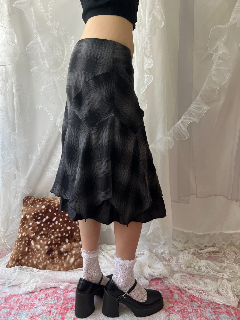 Black & grey plaid midi skirt with ruffles and a flowy hem