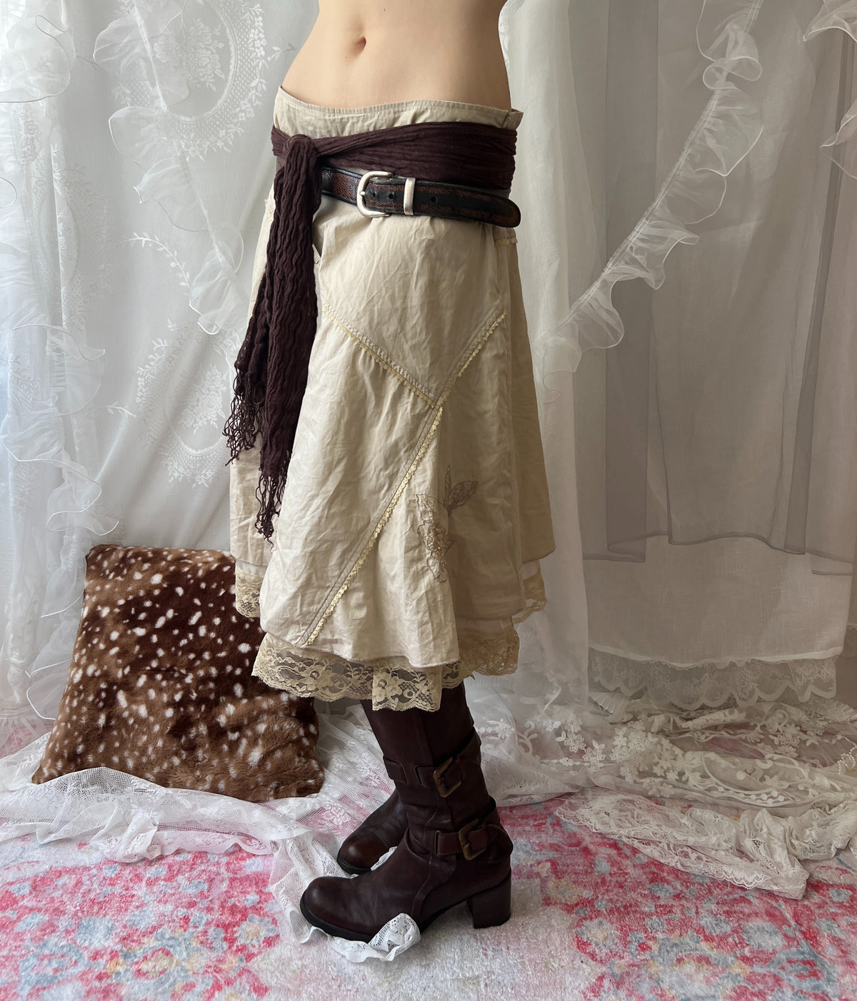 Cream fairy midi skirt with lace trim and rhinestone-flower details