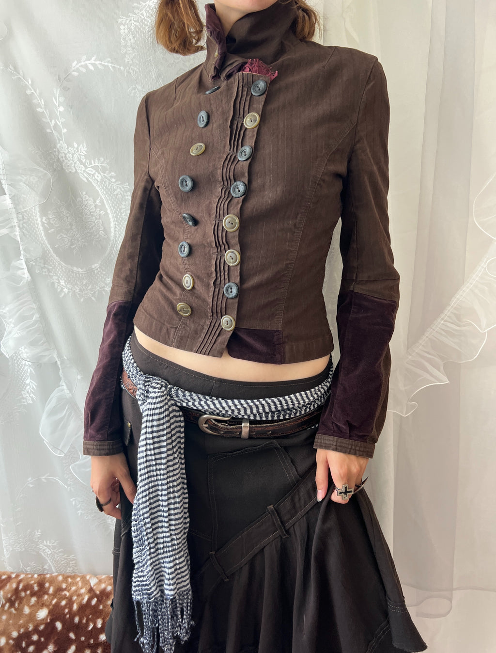 Brown double buttoned asymmetrical avant garde jacket