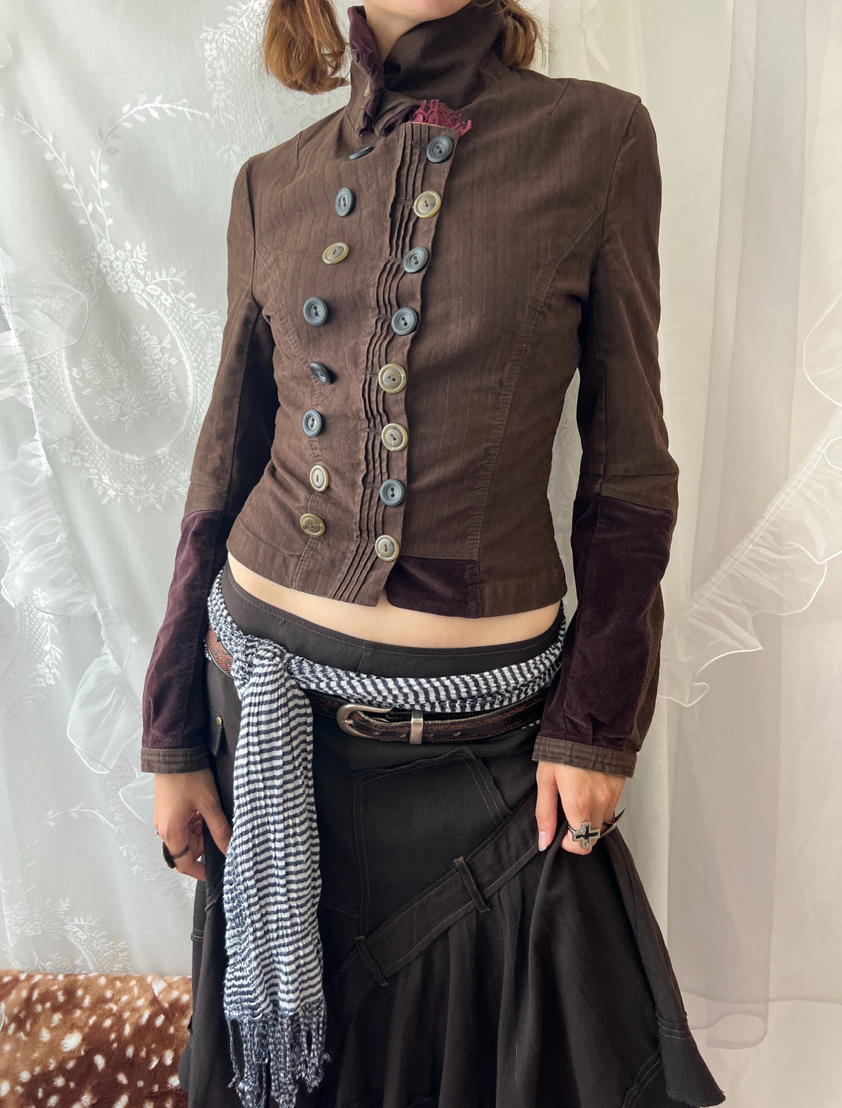 Brown double buttoned asymmetrical avant garde jacket