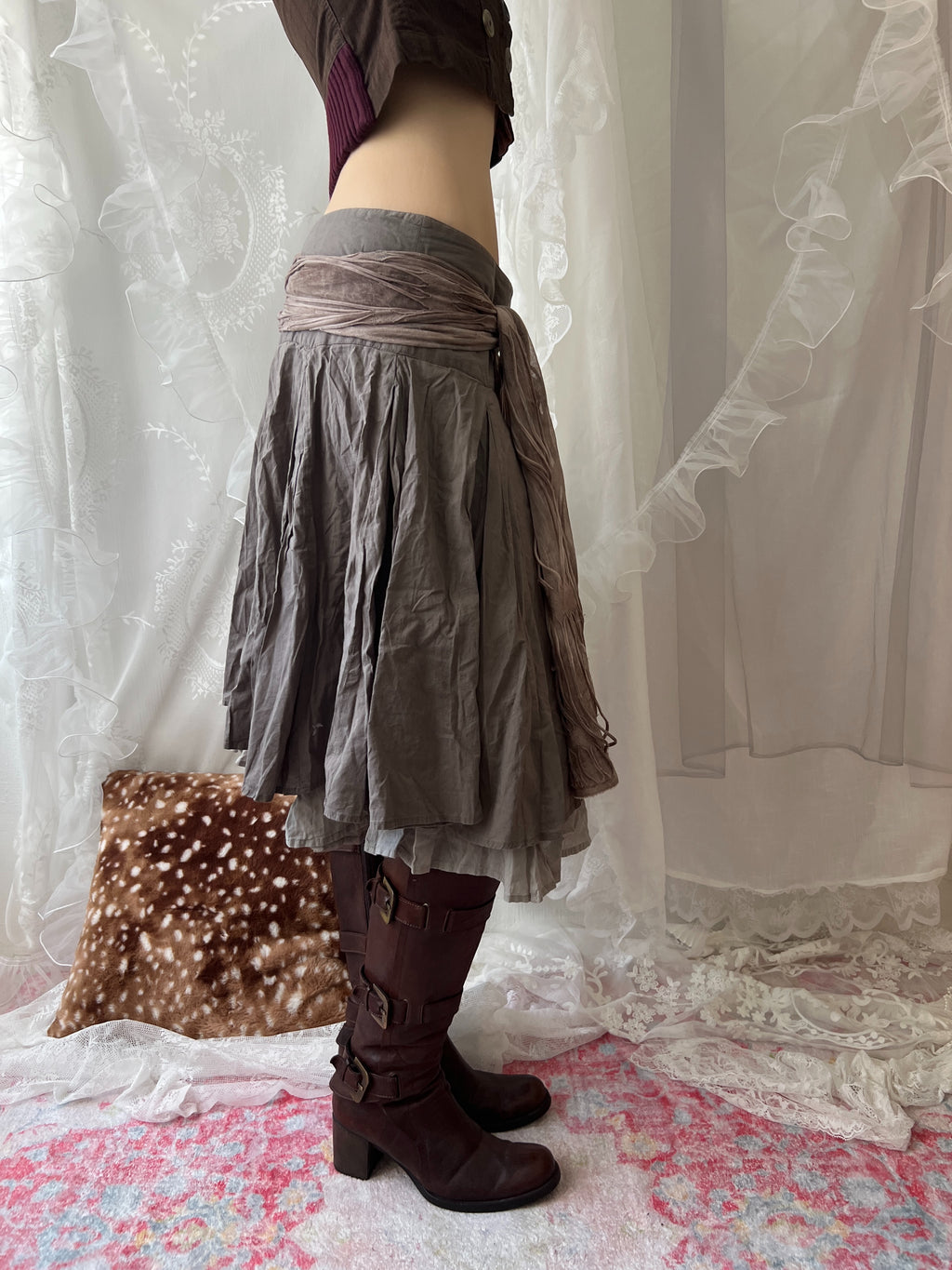 Brown pleated midi skirt with ruffle trim