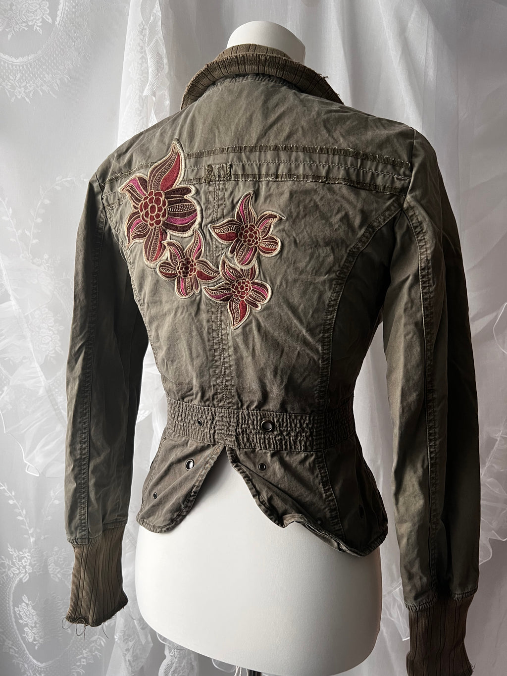 Khaki green jacket with floral embroidery