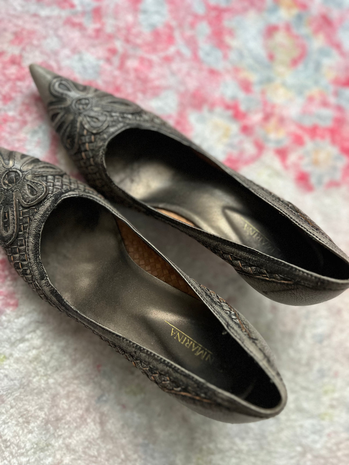 Grey snake skin kitten heels with flower detail