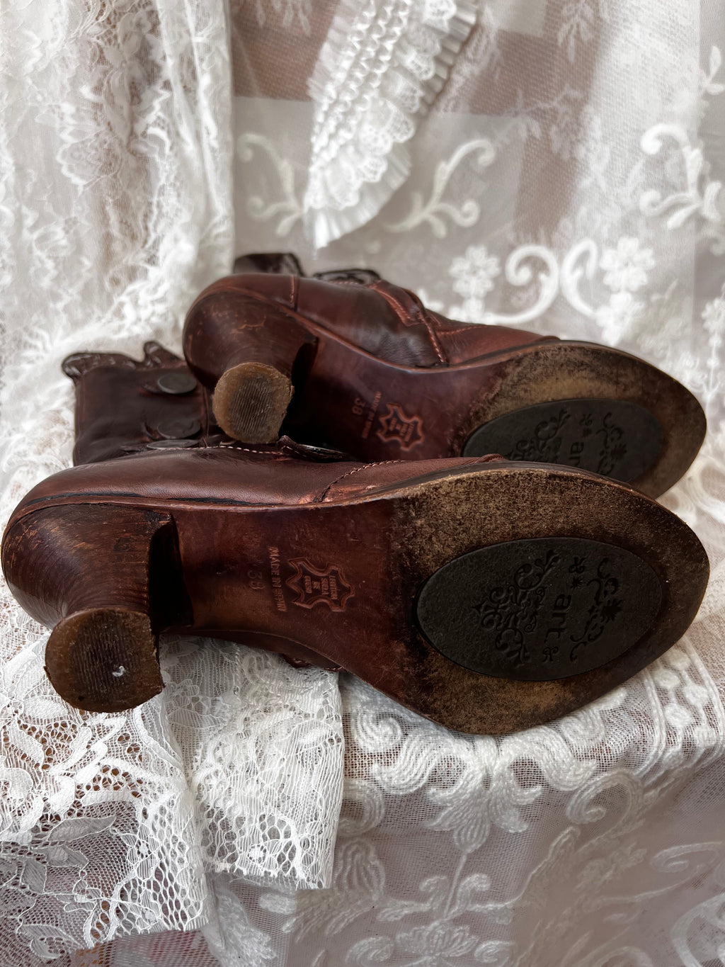 Brown Art leather lace up boots with a gothic vibe