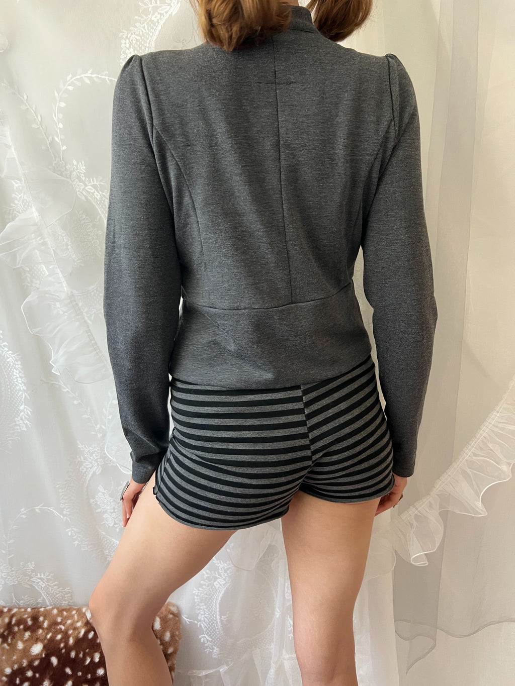 Y2K grey military style jacket with double breasted front and silver buttons