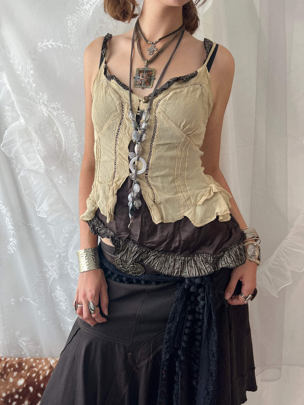 Cream & brown layered asymmetrical corset top with ruffles and lace details