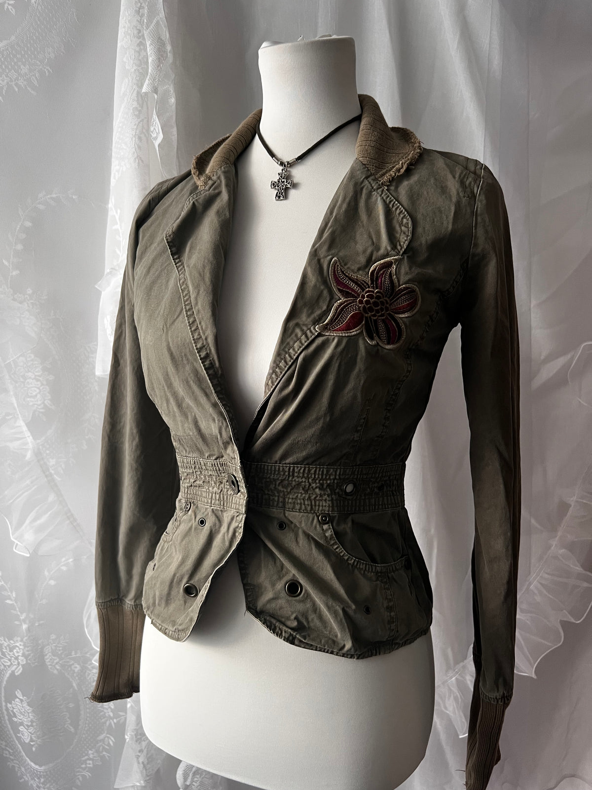 Khaki green jacket with floral embroidery