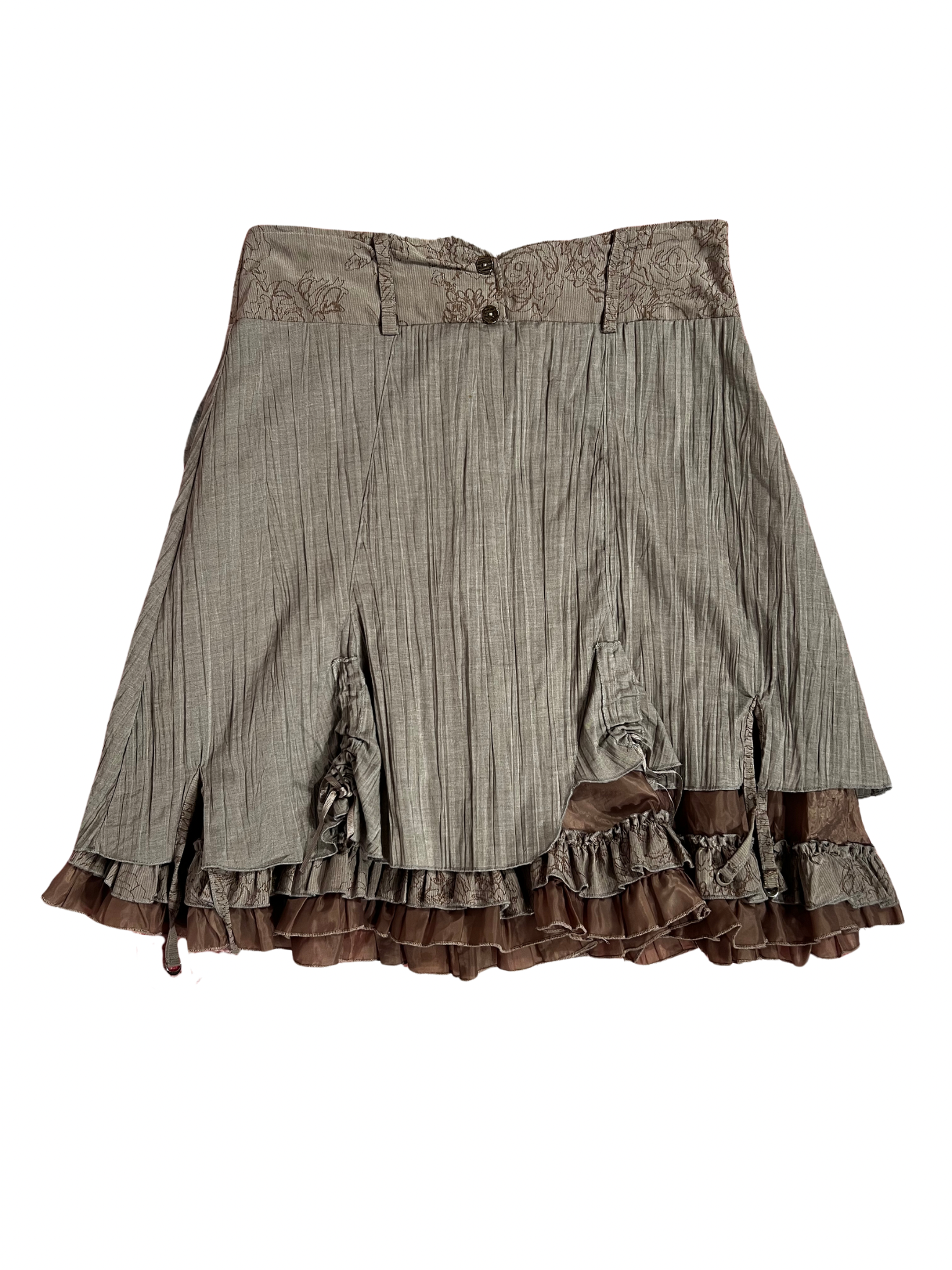 TAUPE LAYERED RUFFLE MIDI SKIRT