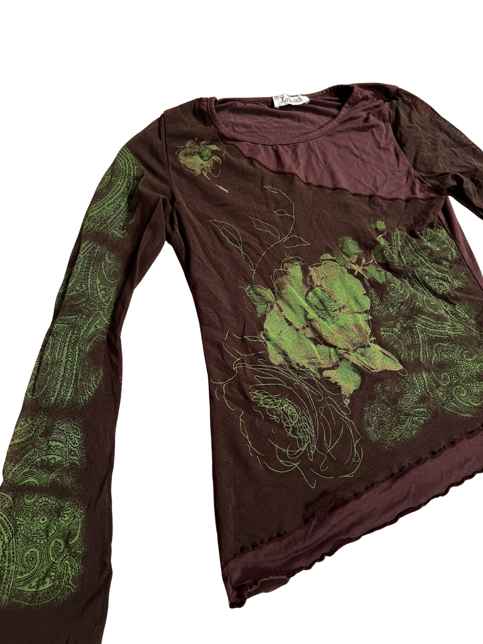 BROWN LONG-SLEEVE MESH TOP