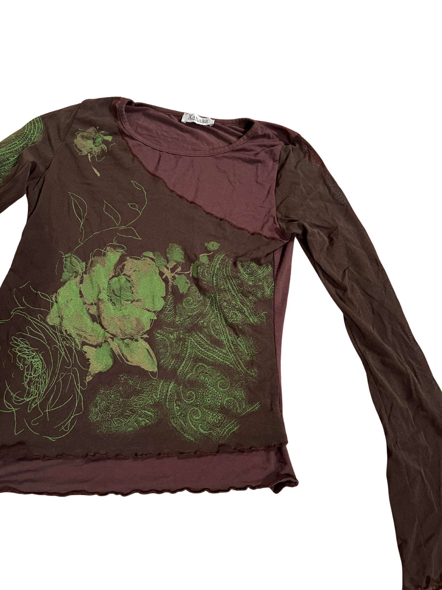 BROWN LONG-SLEEVE MESH TOP