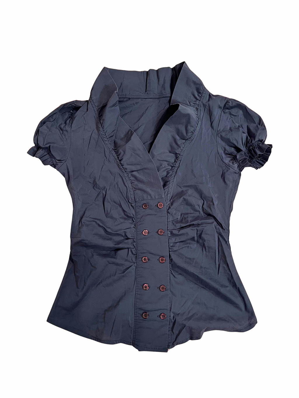 NAVY BLUE PUFF-SLEEVE BUTTON-UP BLOUSE