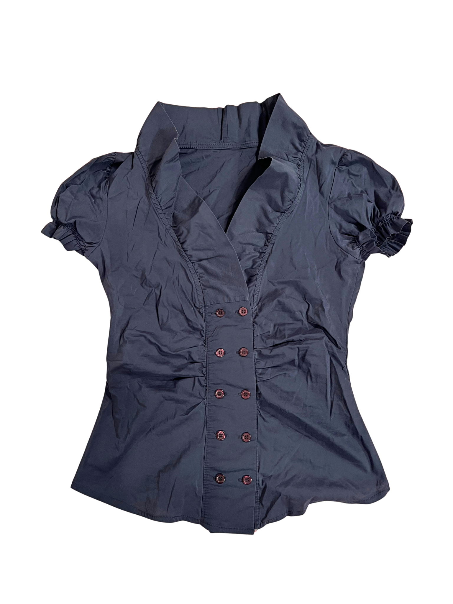 NAVY BLUE PUFF-SLEEVE BUTTON-UP BLOUSE