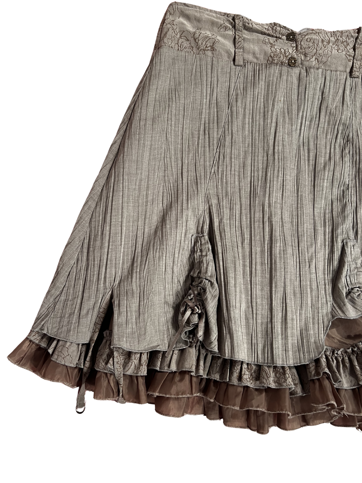 TAUPE LAYERED RUFFLE MIDI SKIRT