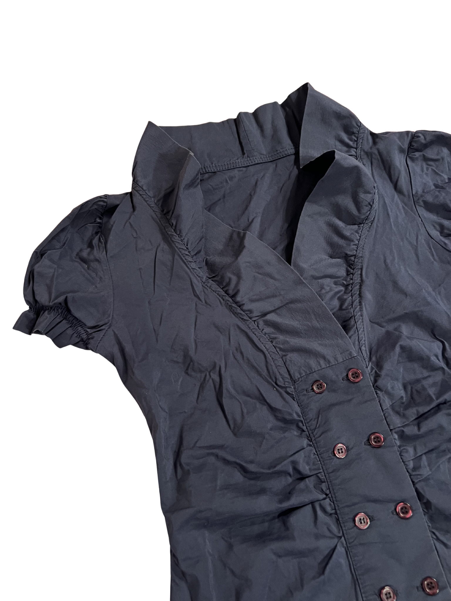 NAVY BLUE PUFF-SLEEVE BUTTON-UP BLOUSE