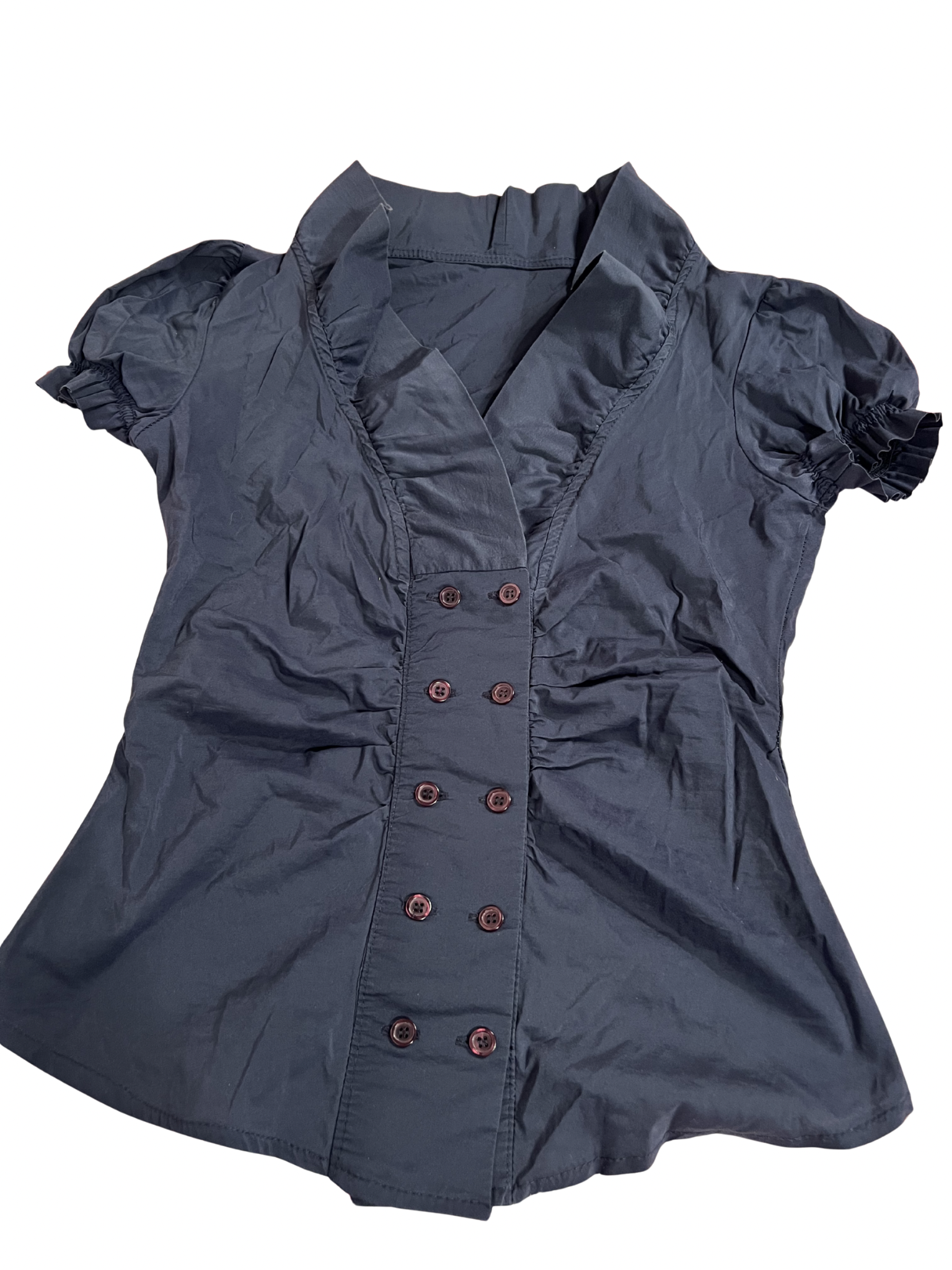 NAVY BLUE PUFF-SLEEVE BUTTON-UP BLOUSE