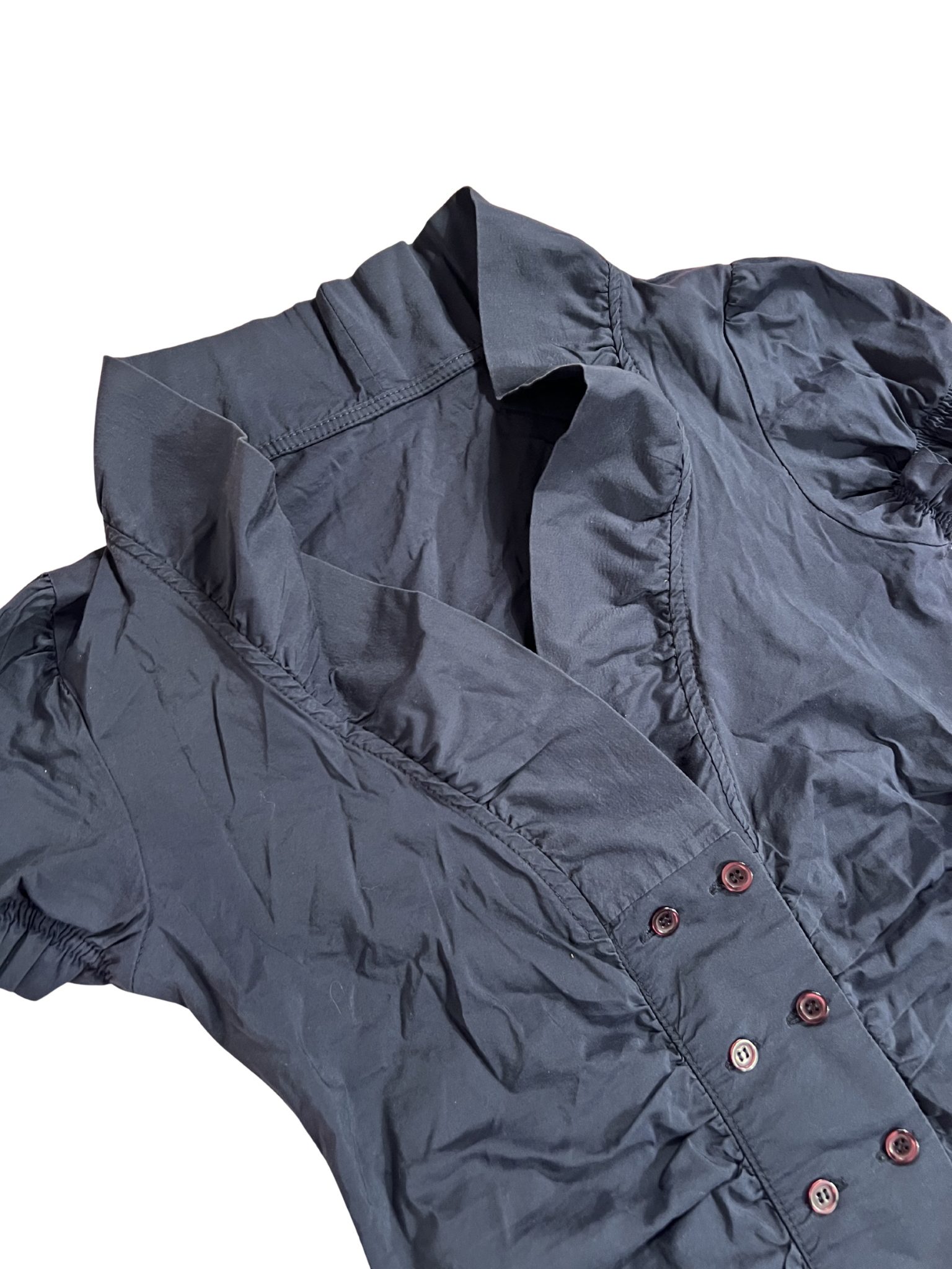 NAVY BLUE PUFF-SLEEVE BUTTON-UP BLOUSE